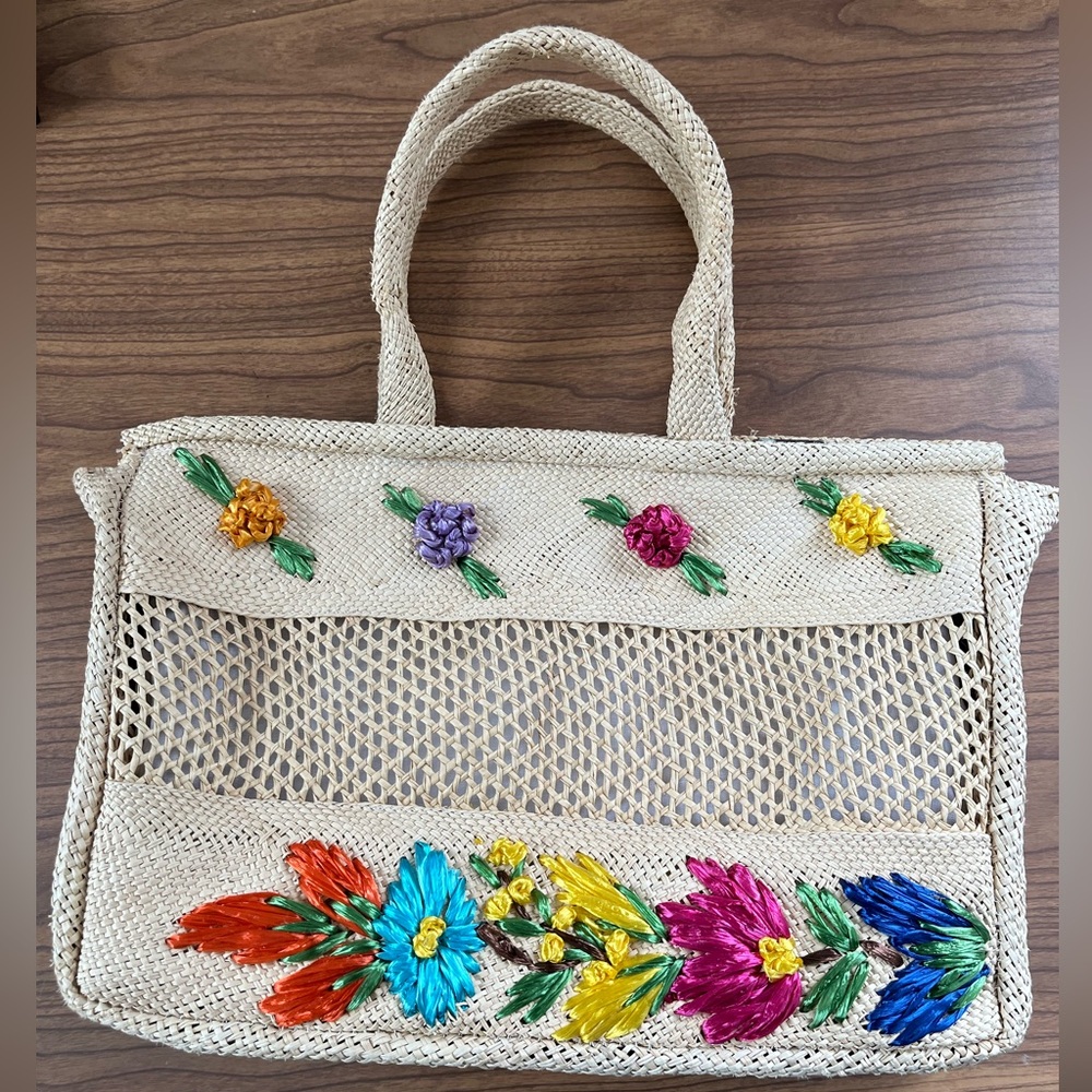 Vintage Floral Beige Straw Tote Bag